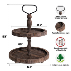 Mustry Rustic Wooden 2 Tiered Tray, Round Farmhouse Kitchen Table Decor Serving Tier Tray, Food Fruits Cupcake Display Coffee Bar Home Party Seasonal Decorations (Brown) image 2