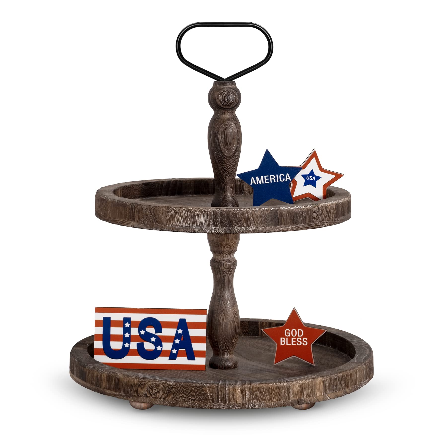 Mustry Rustic Wooden 2 Tiered Tray, Round Farmhouse Kitchen Table Decor Serving Tier Tray, Food Fruits Cupcake Display Coffee Bar Home Party Seasonal Decorations (Brown) image 0