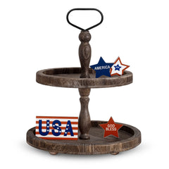 Mustry Rustic Wooden 2 Tiered Tray, Round Farmhouse Kitchen Table Decor Serving Tier Tray, Food Fruits Cupcake Display Coffee Bar Home Party Seasonal Decorations (Brown) image 0