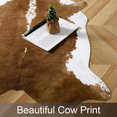 AROGAN Premium Faux Cowhide Rug 4.6 x 5.2 Feet, Sturdy and Large Size Cow Print Rugs, Suitable for Bedroom Living Room Western Decor, Faux Fur Animal Cow Hide Carpet, Brown image 1