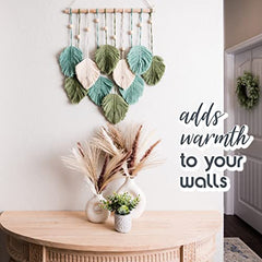 SnugLife Macrame Wall Hanging Leaves - Large Chic Feather Boho Decor, Handmade Yarn Woven Art Leaf Tapestry for Nursery, Bedroom, Living Room, 17 X 22 Inch (Green, Sage Green & Beige) image 3