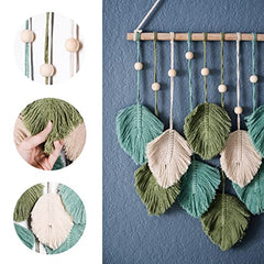 SnugLife Macrame Wall Hanging Leaves - Large Chic Feather Boho Decor, Handmade Yarn Woven Art Leaf Tapestry for Nursery, Bedroom, Living Room, 17 X 22 Inch (Green, Sage Green & Beige) image 2
