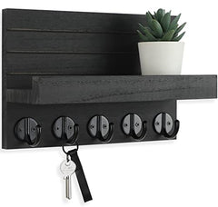 Lwenki Key Holder for Wall, Decorative Key and Mail Holder with Shelf Has Large Hooks for Bags, Coats, Umbrella – Paulownia Wood Key Hanger with Mounting Hardware (9.8”W x 6.7”H x 4.2”D) image 0