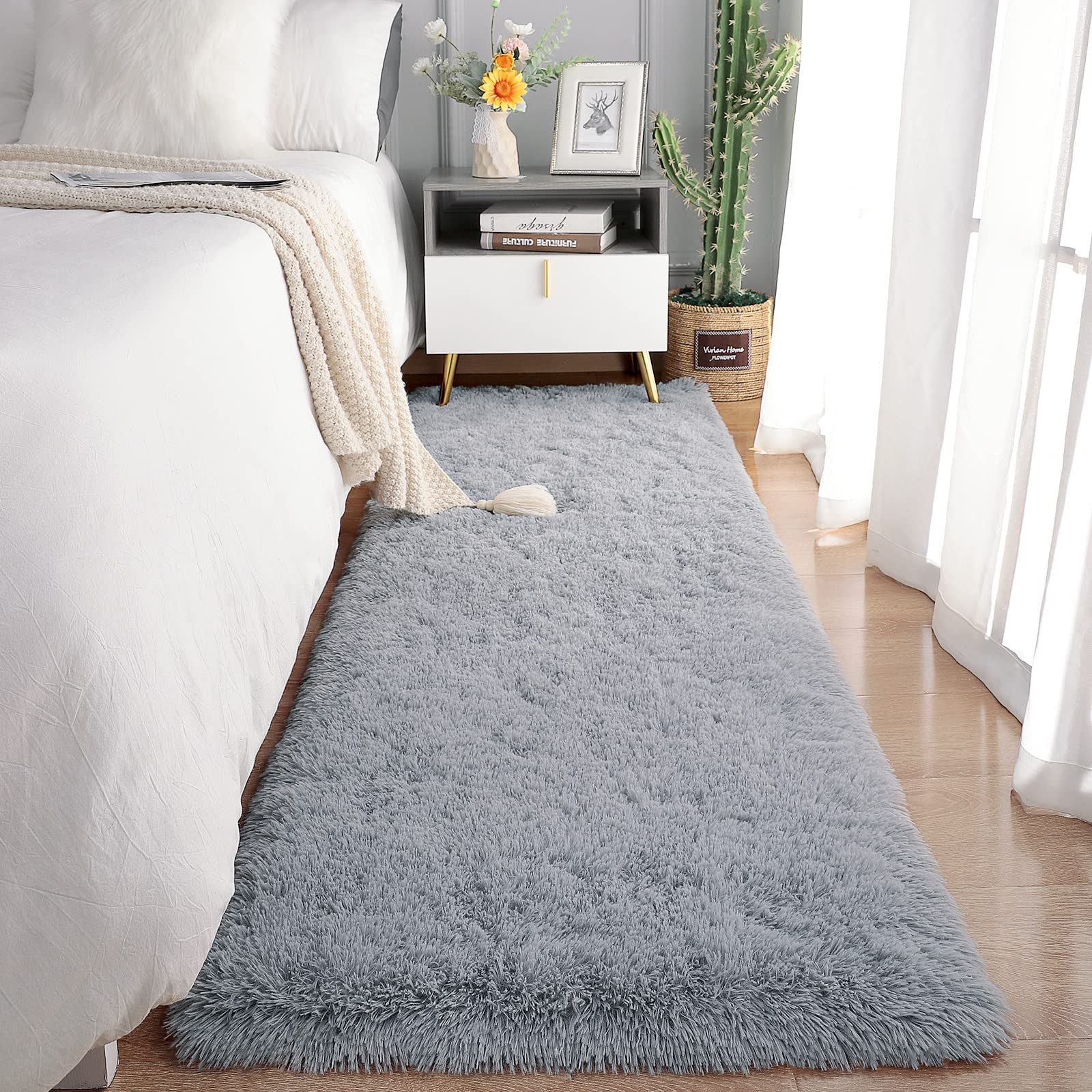 Chicrug Soft Runner Rugs for Bedroom Living Room Plush Fluffy Rug 2x6 Feet, Shag Furry Area Rug Carpet Non Shedding for Nursery Children Kids Girls Room Home Decorative, Grey image 0