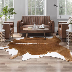 AROGAN Premium Faux Cowhide Rug 4.6 x 5.2 Feet, Sturdy and Large Size Cow Print Rugs, Suitable for Bedroom Living Room Western Decor, Faux Fur Animal Cow Hide Carpet, Brown image 0
