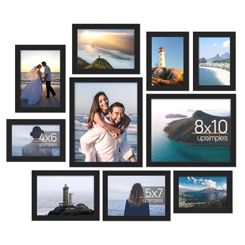 upsimples 10 Pack Picture Frames Collage Wall Decor with Glass, Gallery Wall Frame Set for Wall Mounting or Tabletop Display, Multi Sizes Including 8x10, 5x7, 4x6 Family Photo Frames, Black image 0