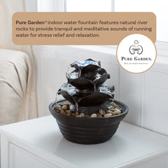 Indoor Fountain with LED Lights – Cascading 3-Tier Lighted Tabletop Water Feature with Soothing Sound – Zen Décor for Home or Office by Pure Garden image 1