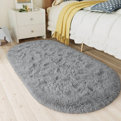 LOCHAS Fluffy Gray Bedroom Rug 2.6' x 5.3', Shaggy Area Rug for Bedroom Bedside, Soft Oval Throw Rugs Carpet for Living Room Kids Girls Home Decor image 1