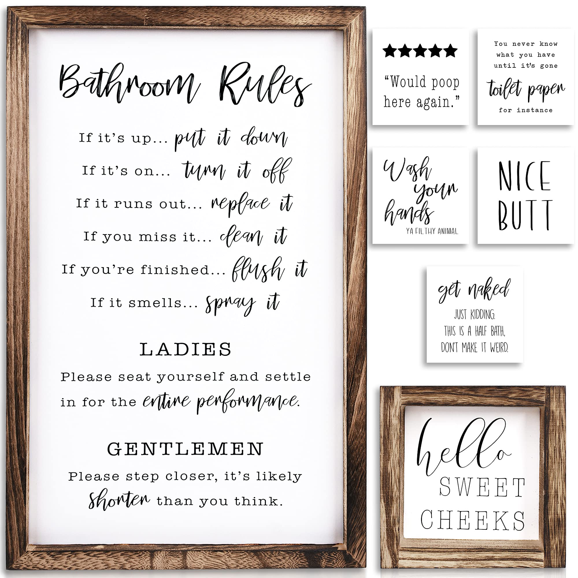 KIBAGA Farmhouse Bathroom Decor Set of 2 - Funny Interchangeable Wall Signs That Will Bring a Good Laugh To Your Bathroom - Rustic Wooden Picture Frames with Unique Sayings Are Perfect For Your Home image 0