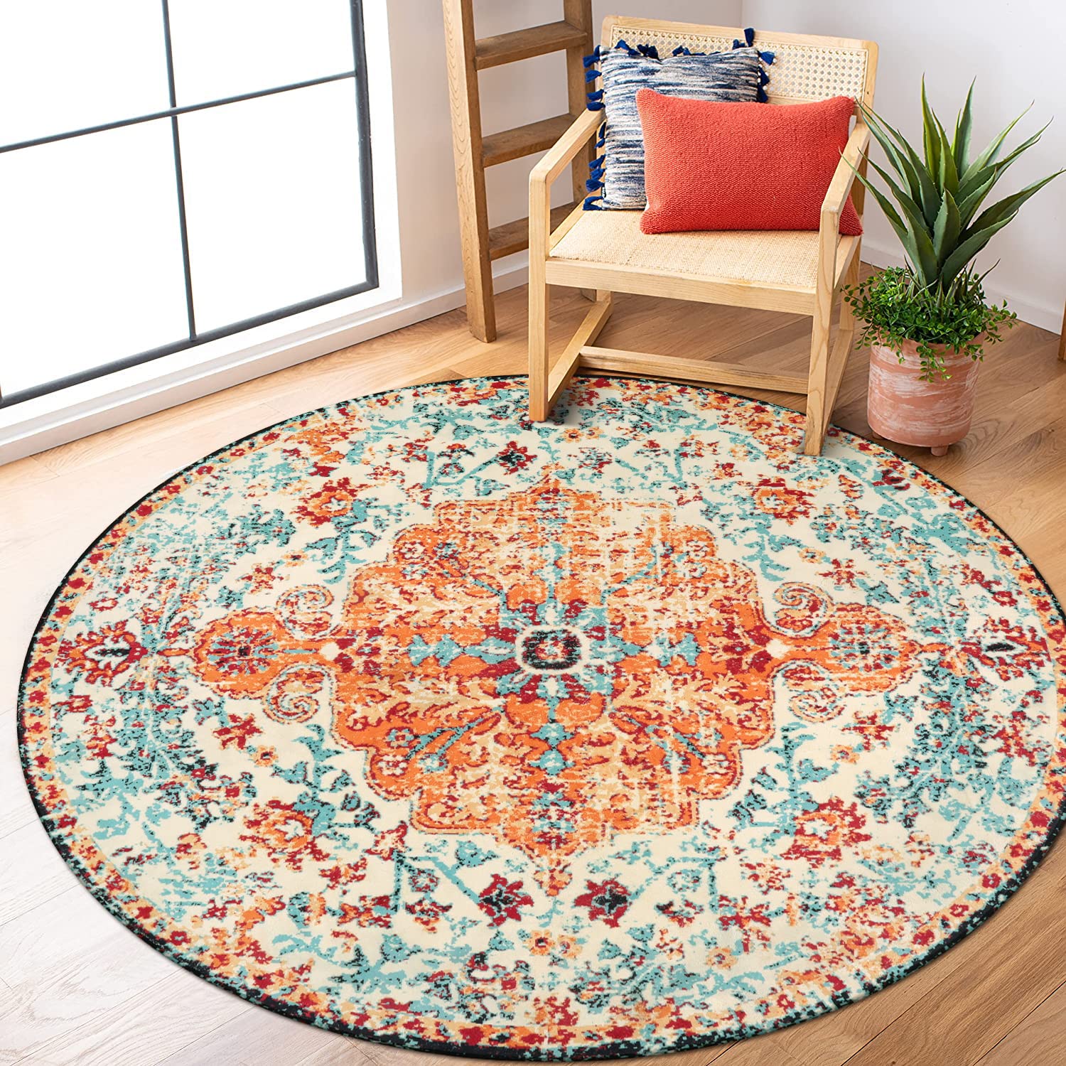 Lahome Washable Round Rugs 5'3"ft, Bohemian Orange Circle Rugs for Living Room, Entryway Round Area Rug, Floral Medallion Soft Non Slip Nursery Carpet for Bedroom Dining Coffee Table image 0