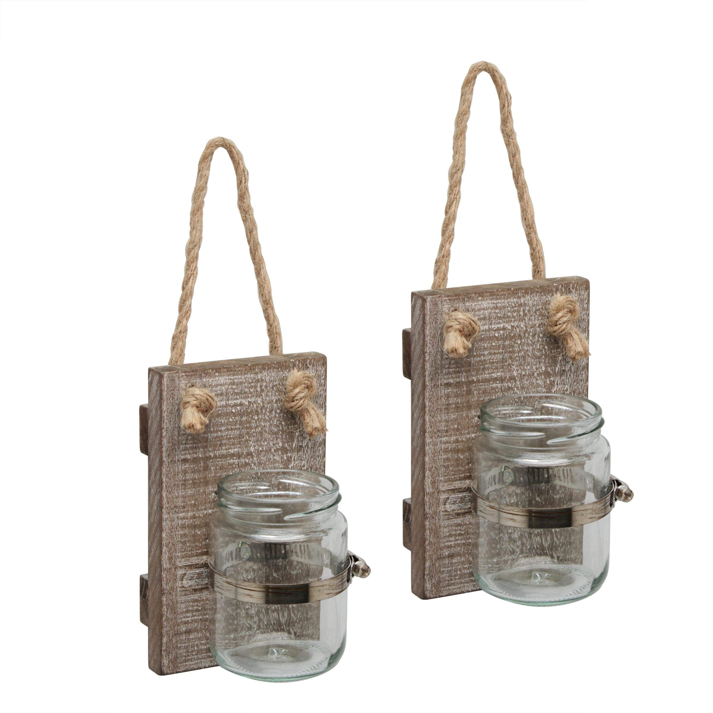 Stonebriar Rustic White Wash Wooden Mason Jar Wall Sconce Set with Hanging Loop image 0