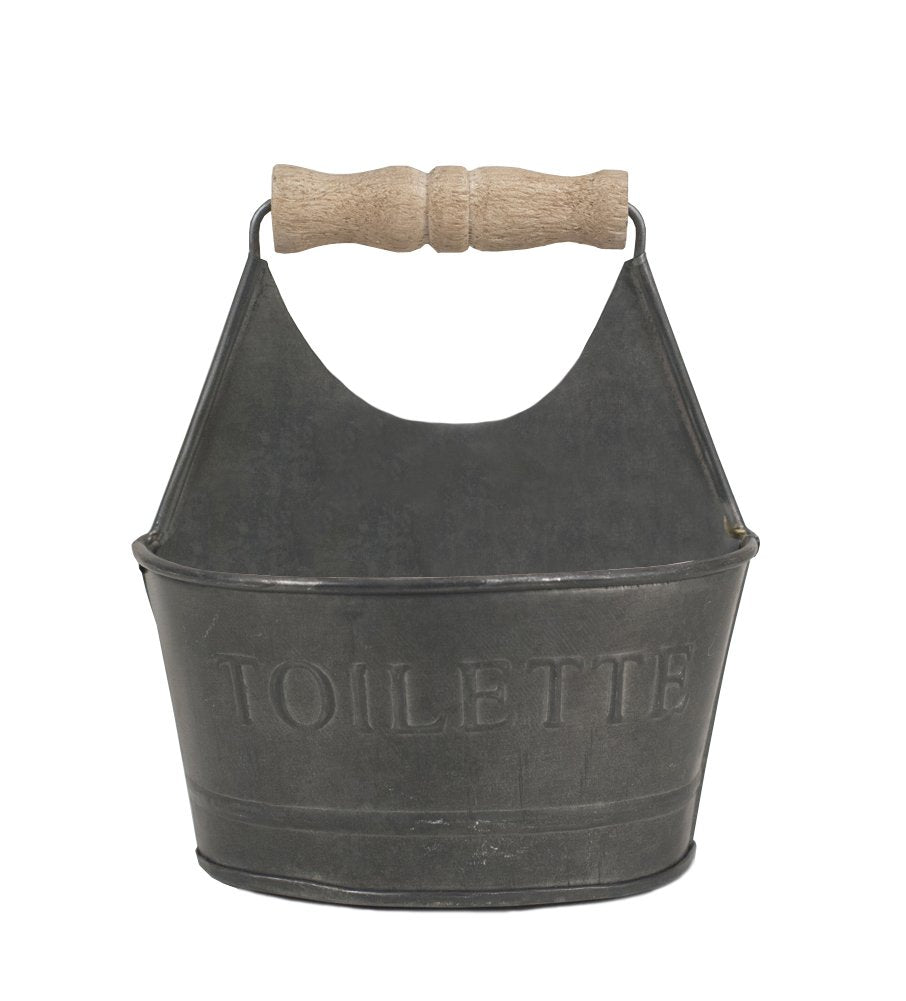 CTW Home Collection Small Gray Colonial Tin Works Toiletries Bathroom Caddy 450156 Metal with Wooden Handle and Toilette on Front Rustic Farmhouse image 0