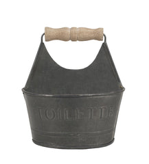CTW Home Collection Small Gray Colonial Tin Works Toiletries Bathroom Caddy 450156 Metal with Wooden Handle and Toilette on Front Rustic Farmhouse image 0