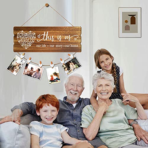 Buecasa Housewarming Gifts New Home Sign Decor - Rustic Wall Hanging Picture Frame with 6 Heart Clips -This Is Us Wall Decor 15.8x6.0 Inches image 3