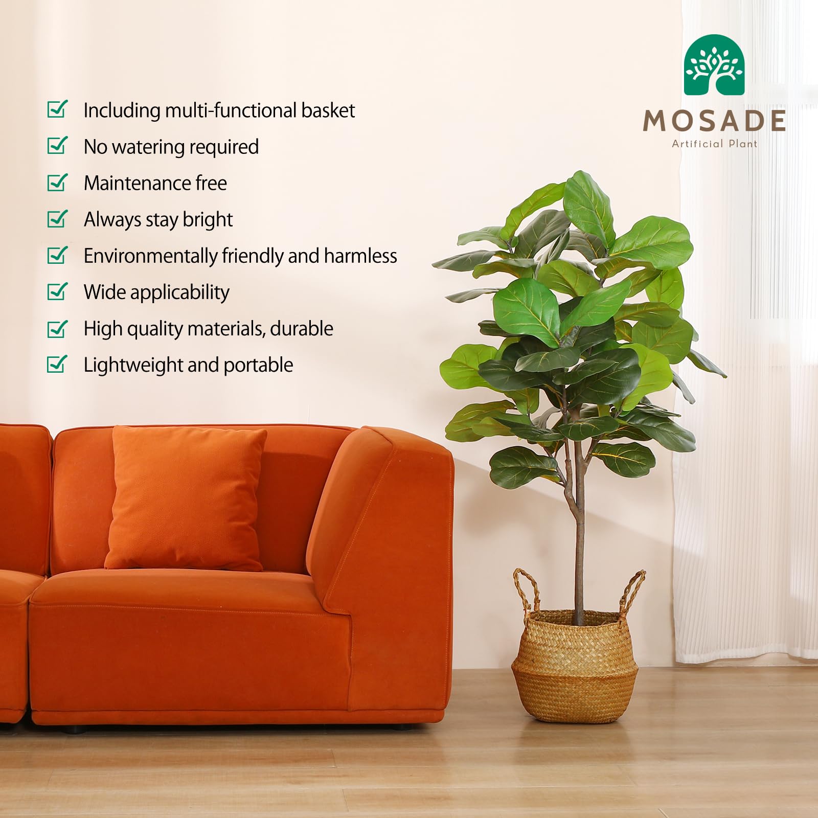 MOSADE Artificial Fiddle Leaf Fig Tree 50" Fake Potted Ficus Lyrata Plant with Handmade Seagrass Basket, Perfect Faux Plants Home Décor for Indoor Outdoor Office Porch Balcony Bedroom Bathroom Gift image 6