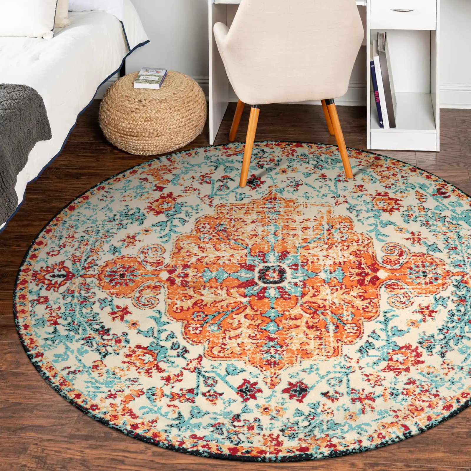 Lahome Washable Round Rugs 5'3"ft, Bohemian Orange Circle Rugs for Living Room, Entryway Round Area Rug, Floral Medallion Soft Non Slip Nursery Carpet for Bedroom Dining Coffee Table image 8