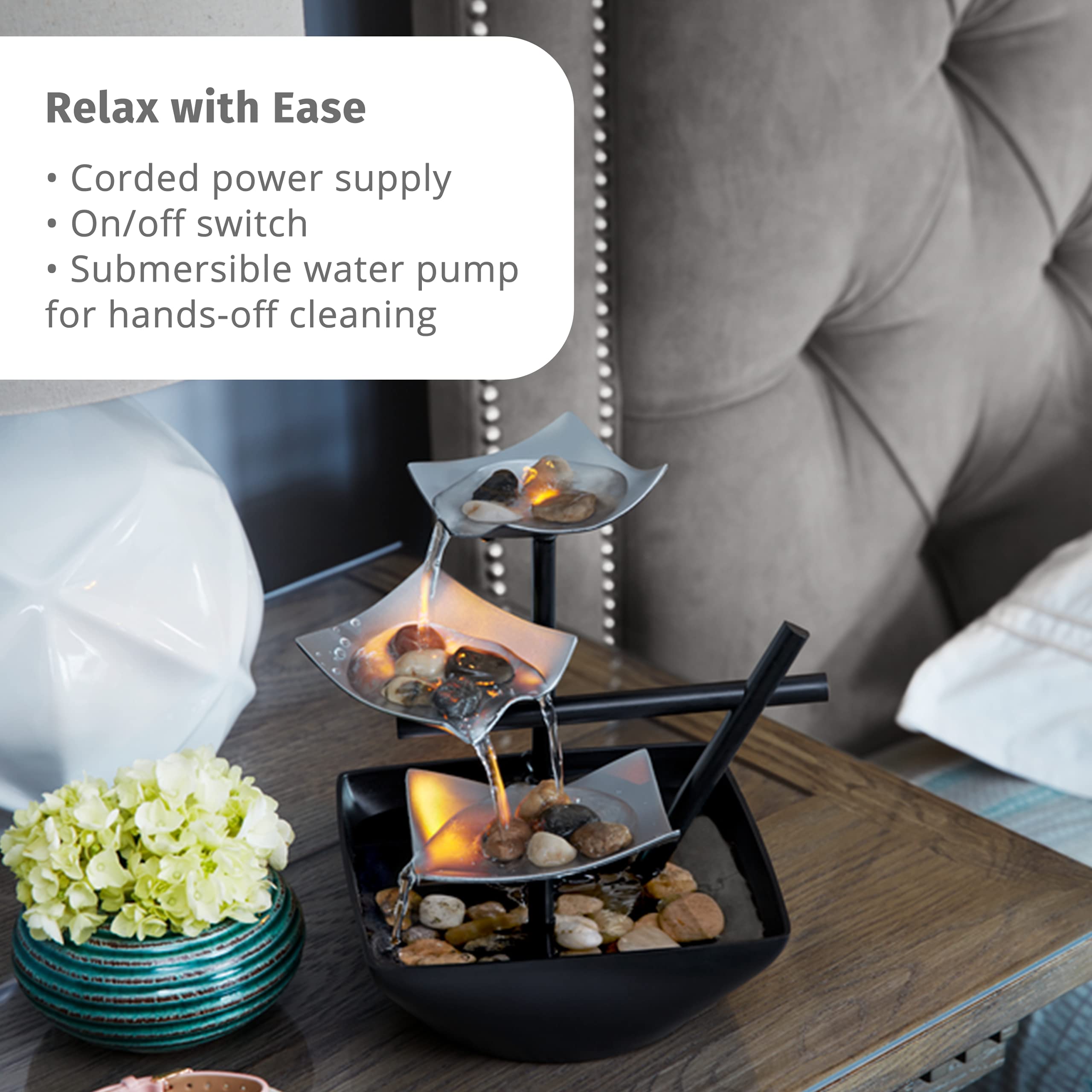 Homedics Tabletop Water Fountain, Home Décor Soothing Sound Machine - Automatic Pump, Deep Basin &amp; Natural River Rocks. Indoor Zen Relaxation for Office, Living Room, or Bedroom, 8.25” Tall image 4