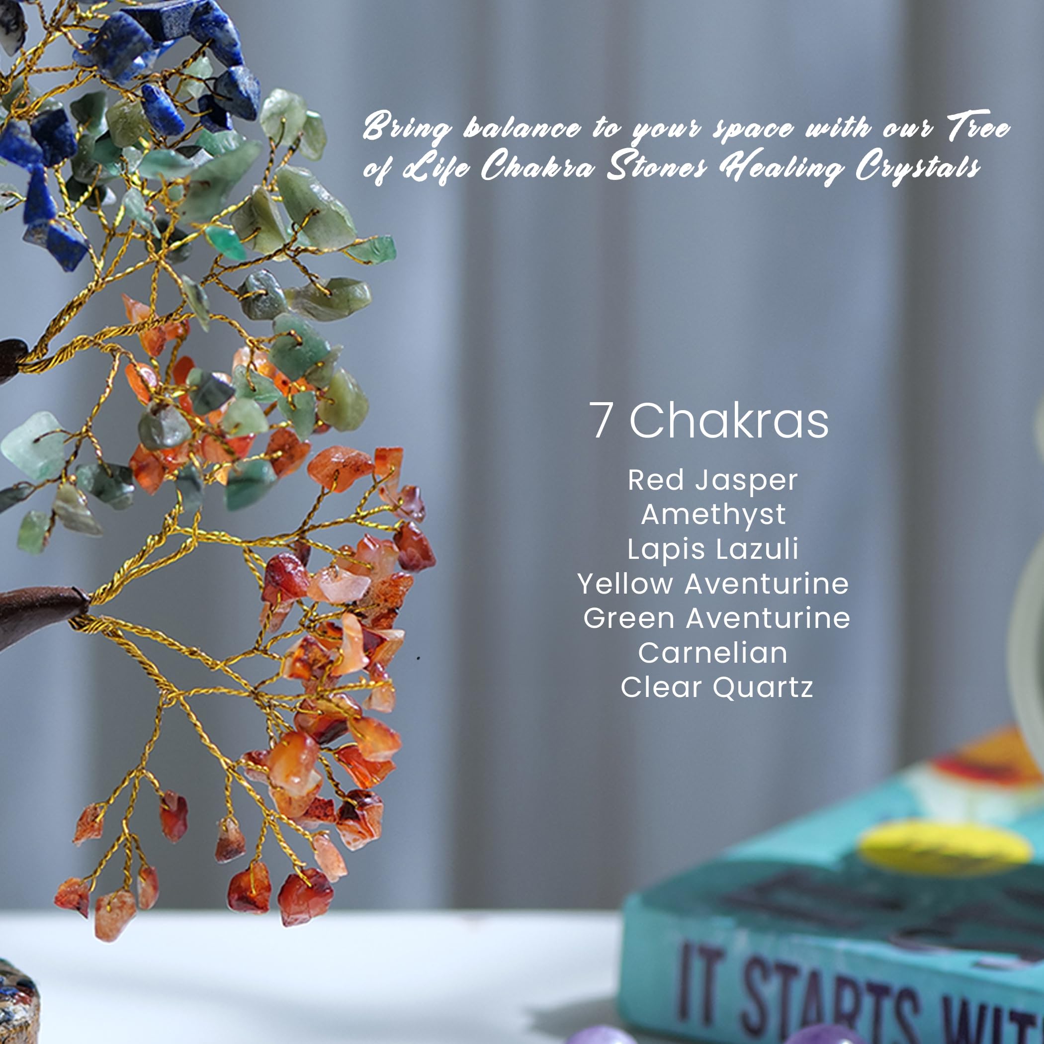 7 Chakra Crystal Tree Feng Shui Money Tree Office Decor Crystals and Stones Home Decor Meditation Accessories Gemstone Tree House Warming Gifts New Home - Size 10-12 Inches 300 Beads Chakra Stones image 7