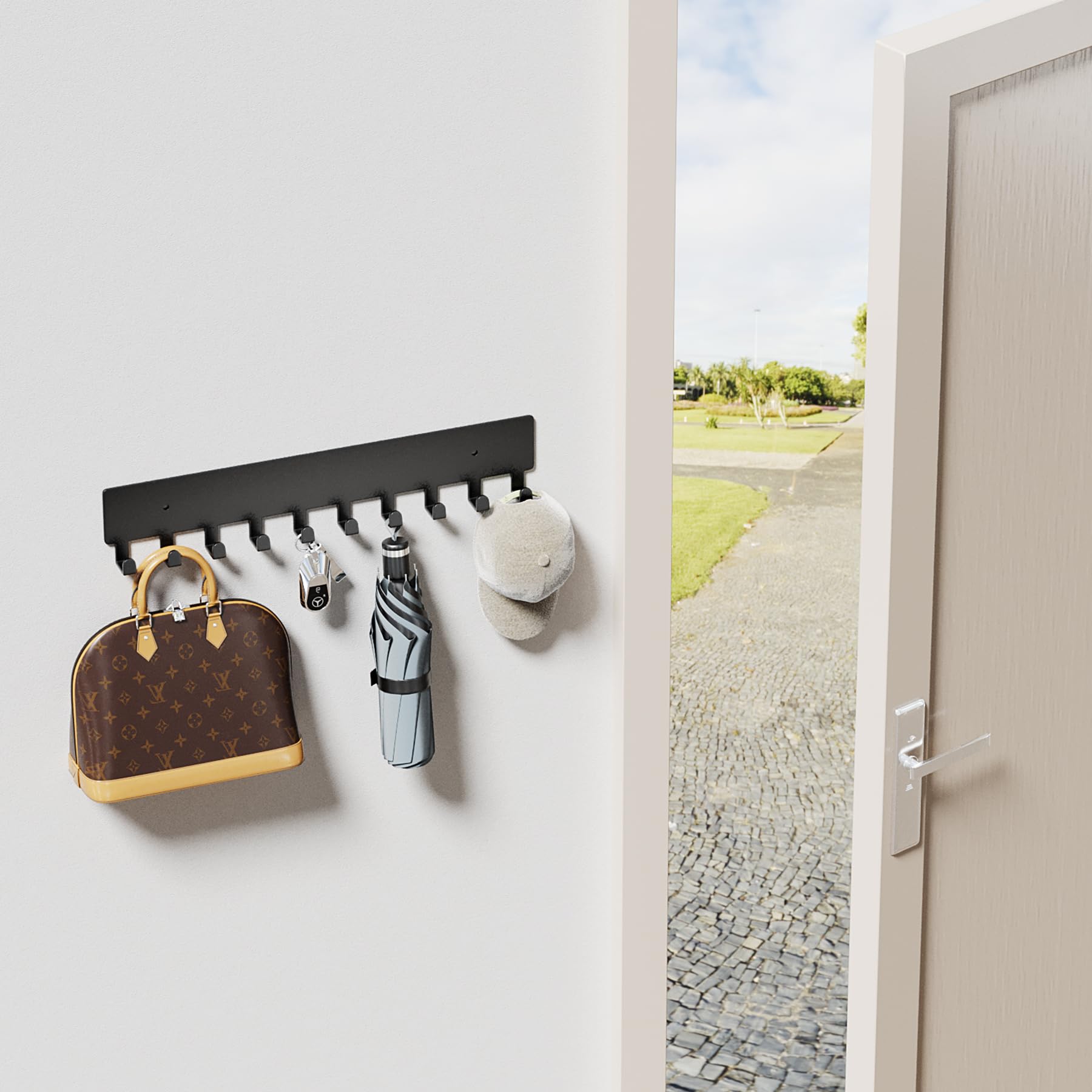 GTK Key Holder for Wall, Key Hooks with 10 Hooks, Wall Mounted Key Holder for Hallway, Self Adhesive Key Rack(Black) image 5