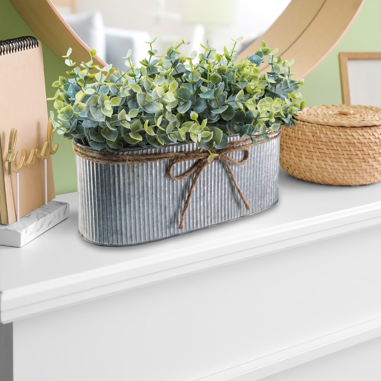 Winlyn Artificial Eucalyptus Arrangement in Rustic Oval Galvanized Metal Planter Box Faux Eucalyptus Bush Greenery Potted Plants for Farmhouse Indoor Home Office Table Centerpiece Kitchen Décor image 5