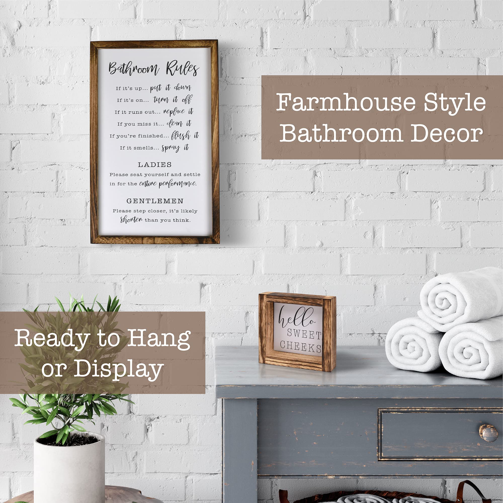 KIBAGA Farmhouse Bathroom Decor Set of 2 - Funny Interchangeable Wall Signs That Will Bring a Good Laugh To Your Bathroom - Rustic Wooden Picture Frames with Unique Sayings Are Perfect For Your Home image 4