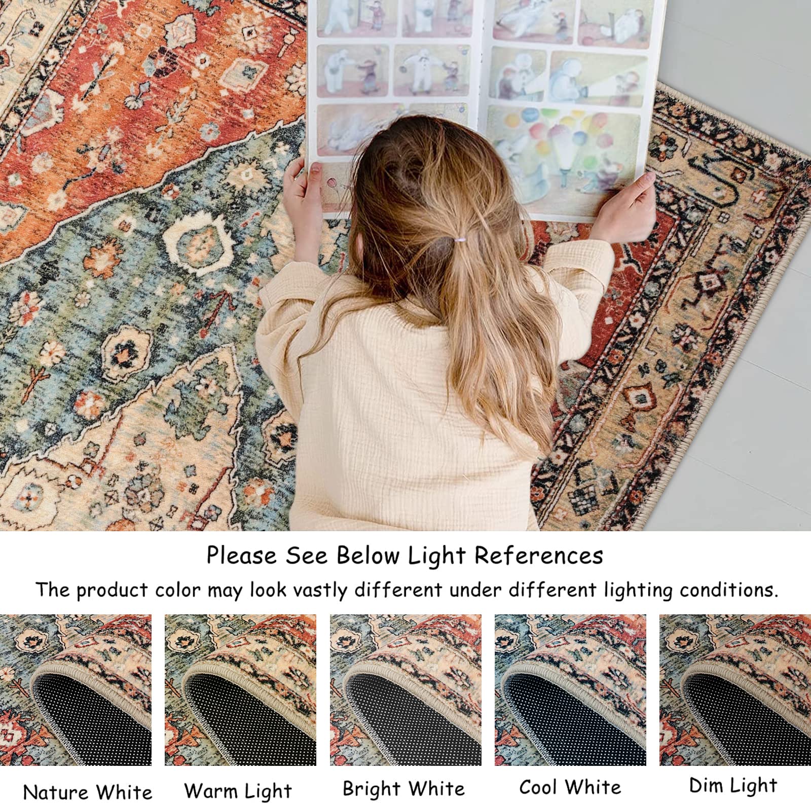 Lahome Boho Tribal Area Rug - 5x7 Large Washable Living Bedroom Rug Distressed Oriental Non-Slip Non-Shedding Print Floor Carpet for Dining Room Home,Rust/Dull Teal image 3