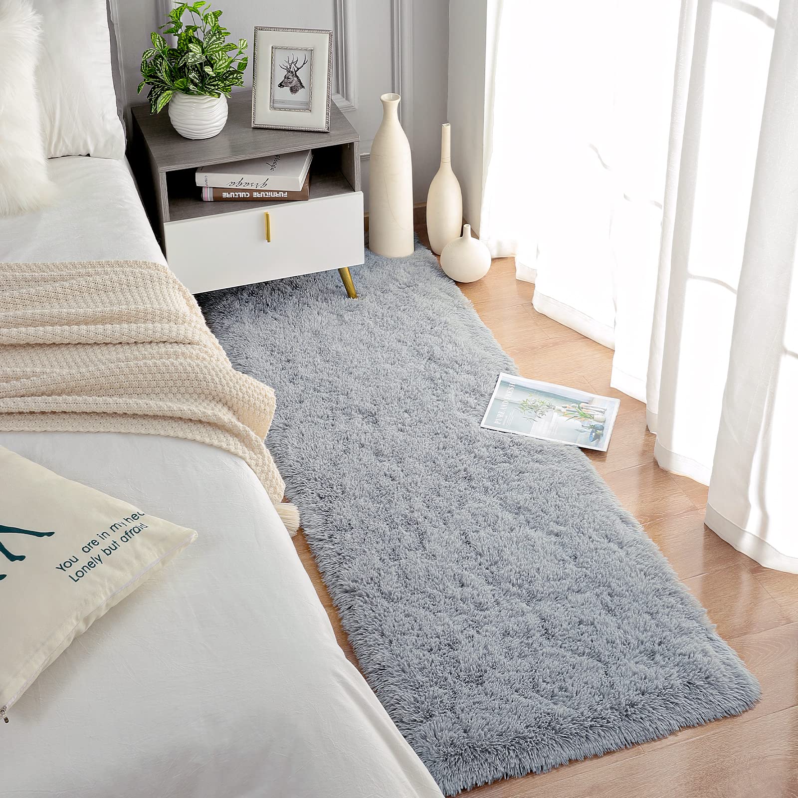 Chicrug Soft Runner Rugs for Bedroom Living Room Plush Fluffy Rug 2x6 Feet, Shag Furry Area Rug Carpet Non Shedding for Nursery Children Kids Girls Room Home Decorative, Grey image 2