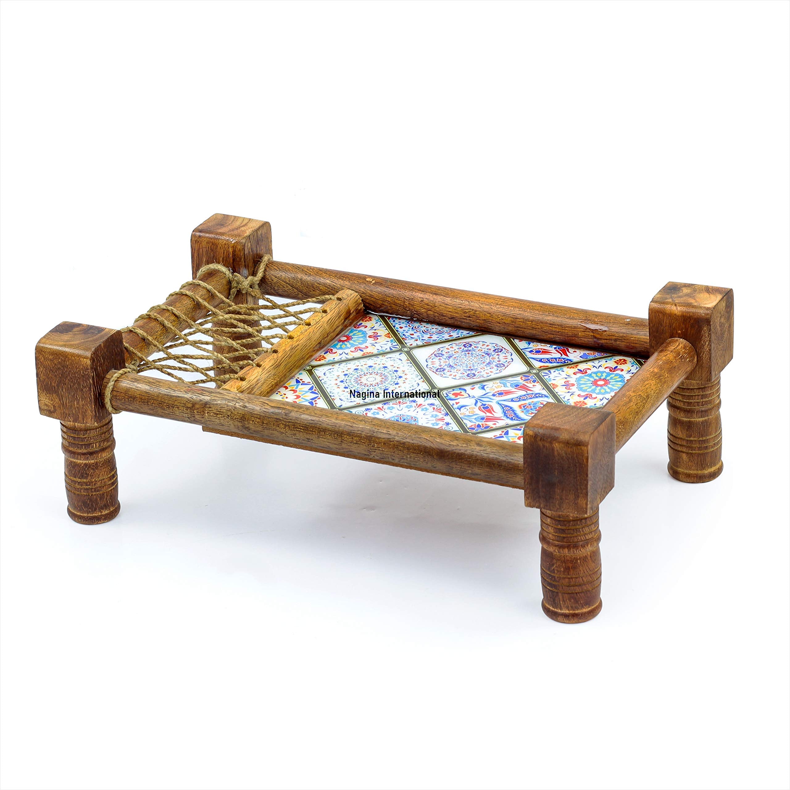 Traditional Decorative Asian Cot Tray for Snacks &amp; Drinks | North Indian Decorative Wooden Coat Decor Accent | Nagina International image 3