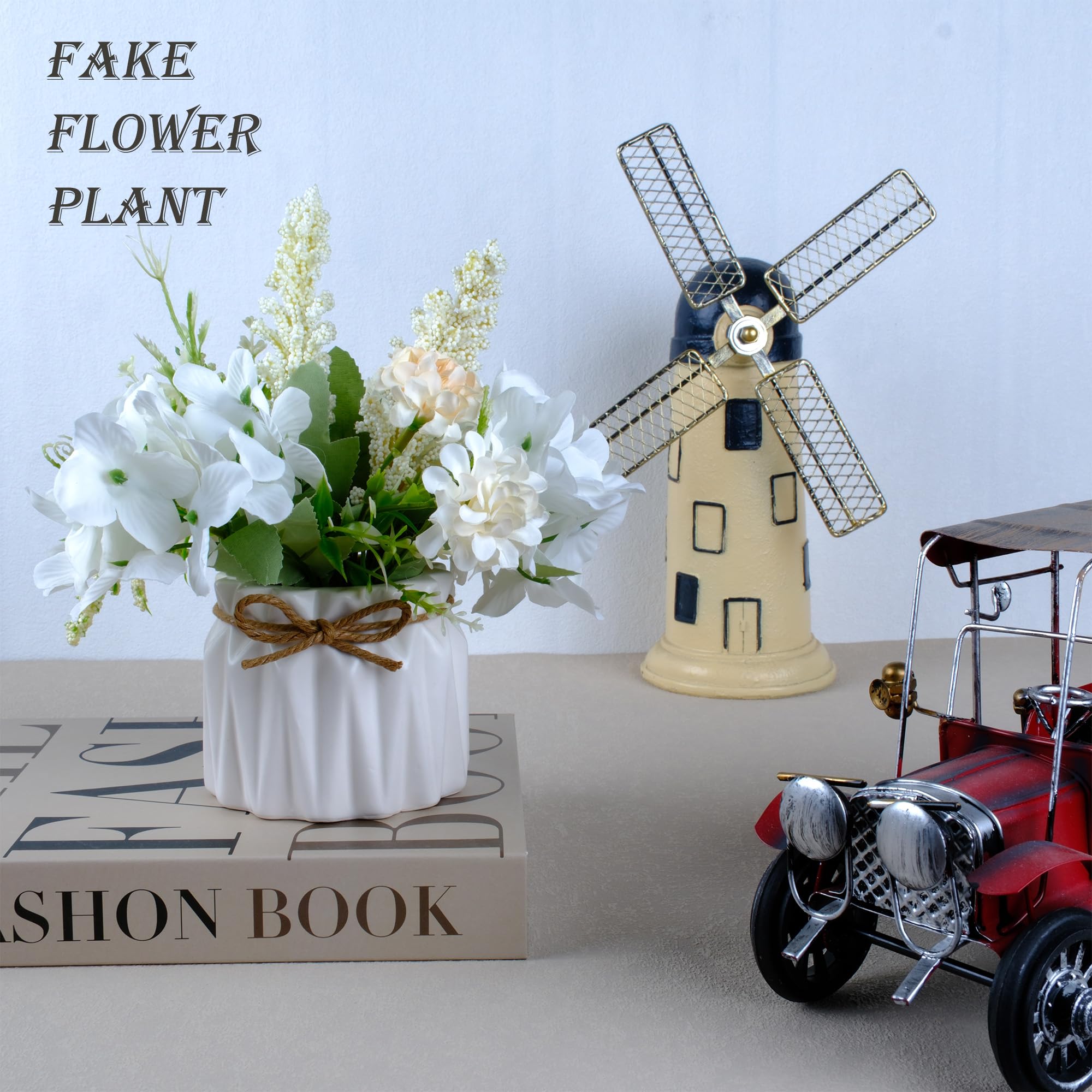 Artificial Potted Flowers White, Small Ceramic Vase Fake Flower Plants Desktop Decoration Indoor for Home and Office, Faux Flowers Hydrangea Decora for Table,Bookshelf,Bedroom,Living Room.(White) image 3