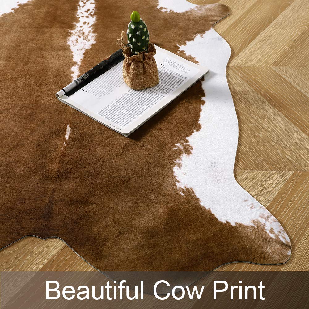 AROGAN Premium Faux Cowhide Rug 4.6 x 5.2 Feet, Sturdy and Large Size Cow Print Rugs, Suitable for Bedroom Living Room Western Decor, Faux Fur Animal Cow Hide Carpet, Brown image 1