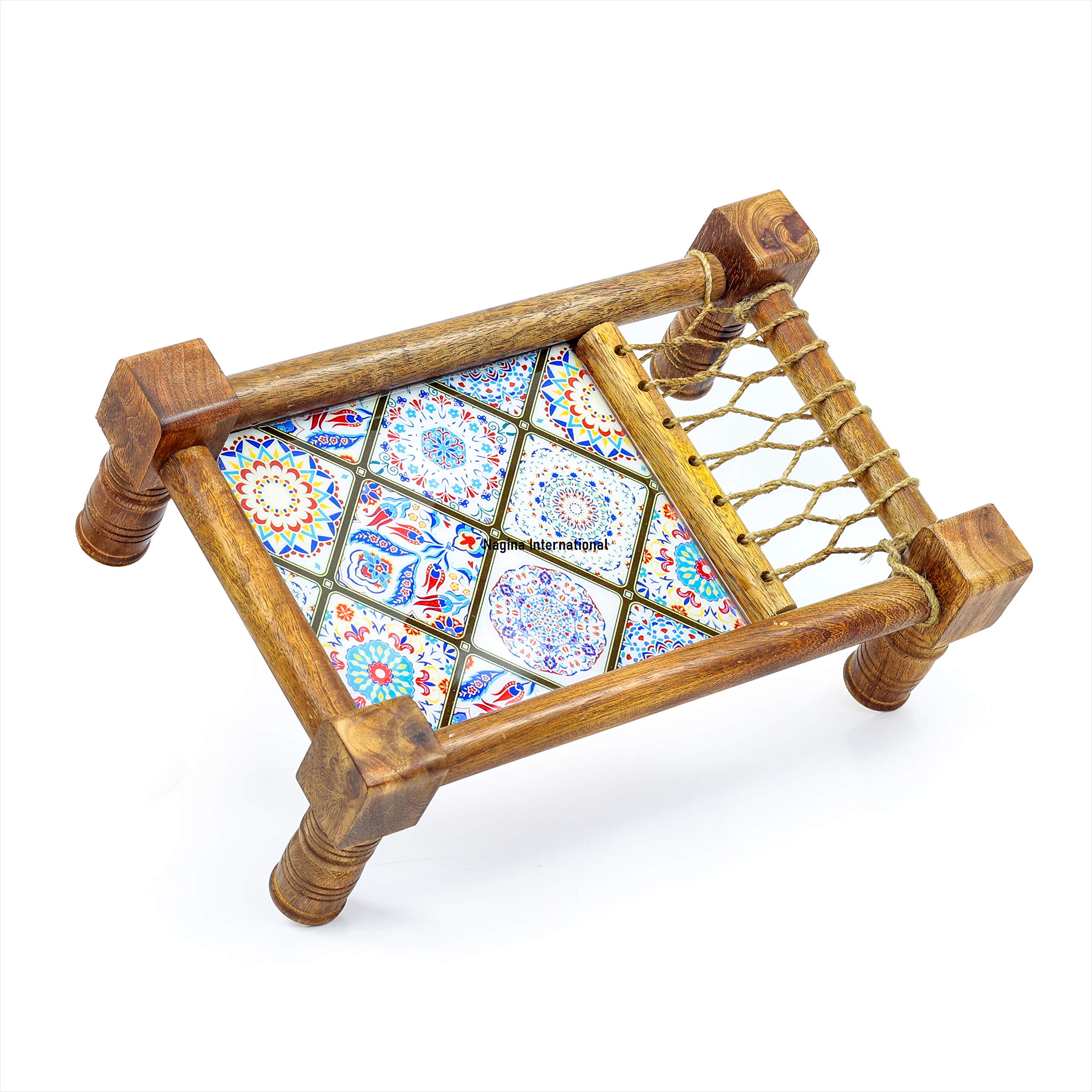 Traditional Decorative Asian Cot Tray for Snacks &amp; Drinks | North Indian Decorative Wooden Coat Decor Accent | Nagina International image 4