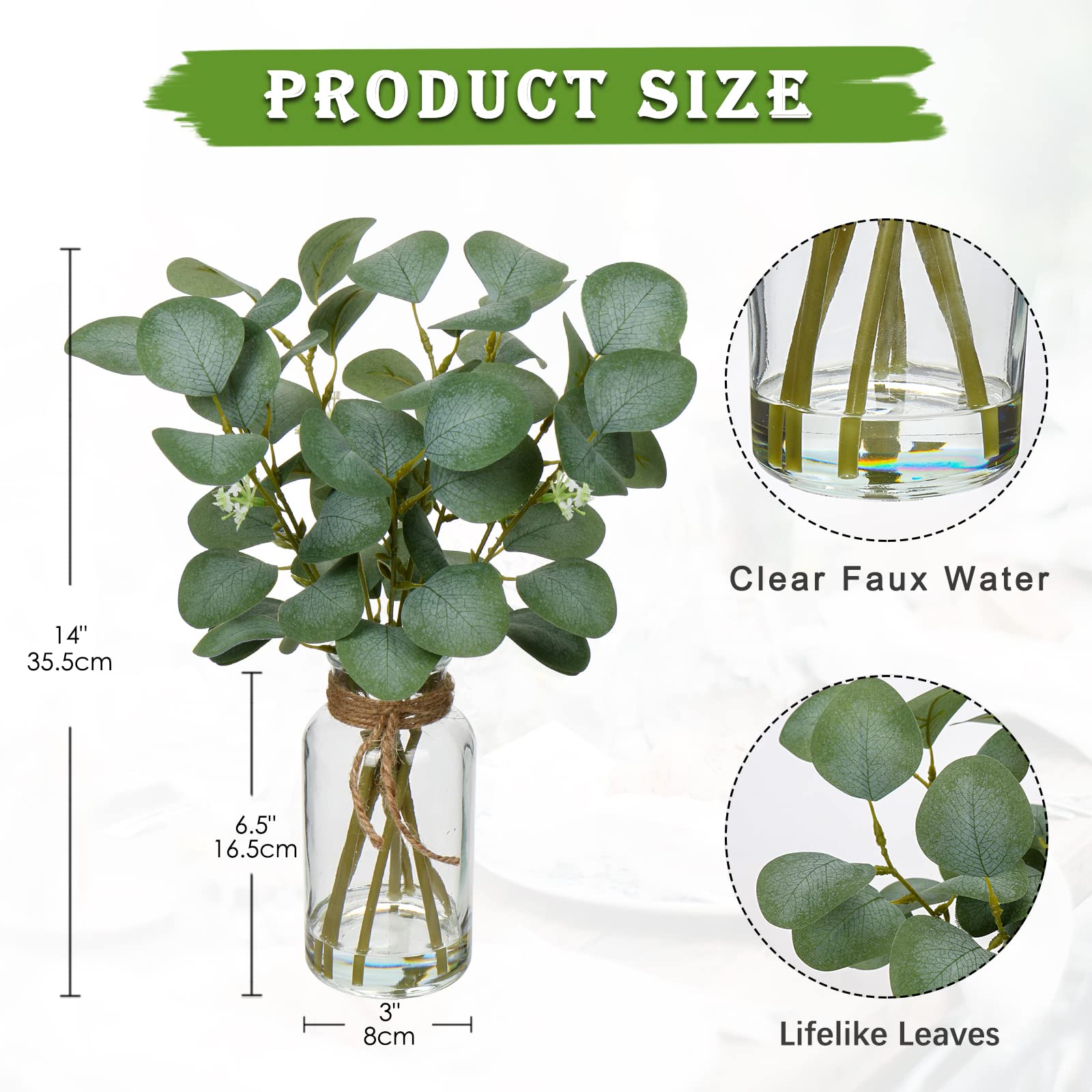 Briful Artificial Eucalyptus Stems in Glass Vase with Faux Water, 14" Fake Plant Eucalyptus Leaves for Home Office Farmhouse Wedding Centerpiece Décor image 5