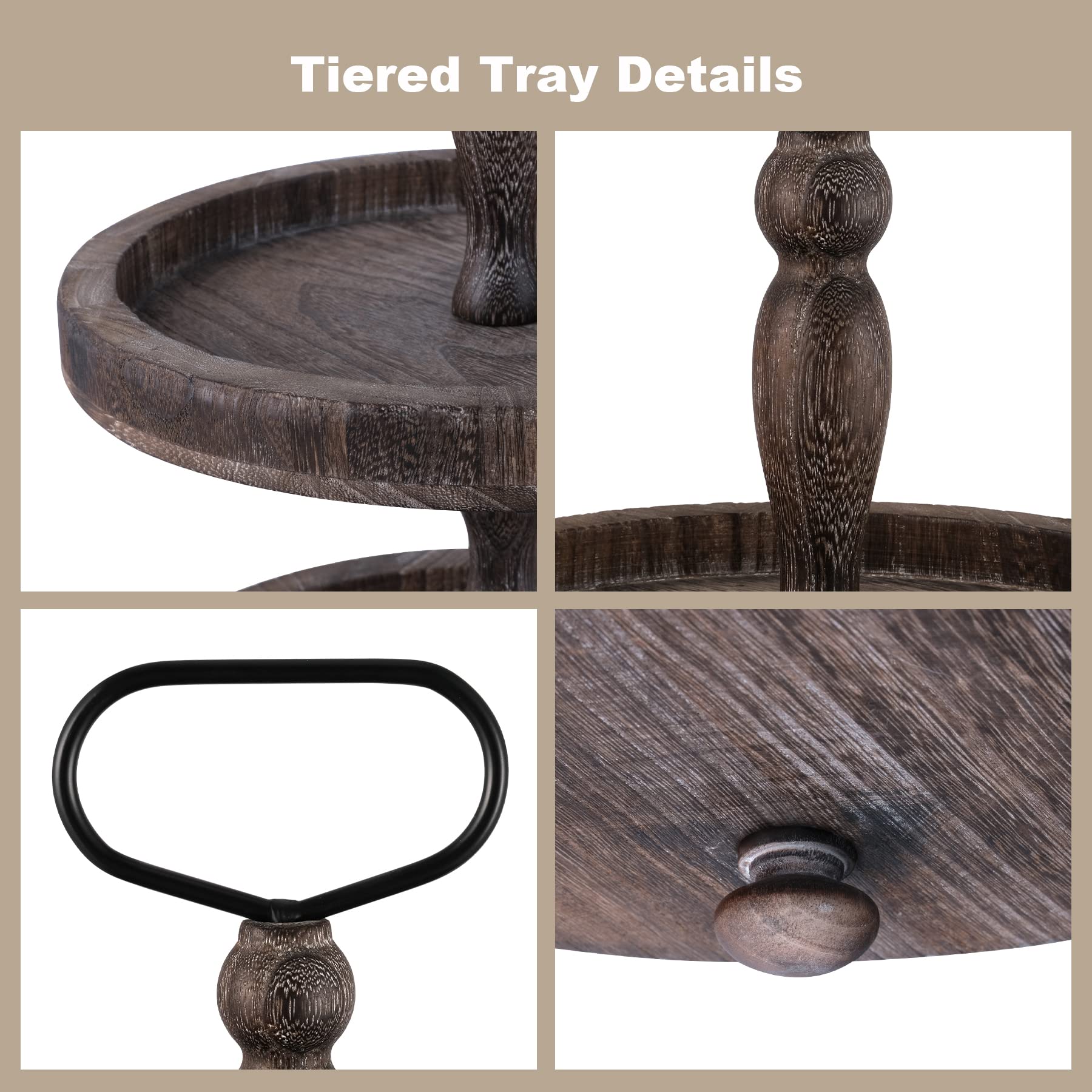 Mustry Rustic Wooden 2 Tiered Tray, Round Farmhouse Kitchen Table Decor Serving Tier Tray, Food Fruits Cupcake Display Coffee Bar Home Party Seasonal Decorations (Brown) image 3
