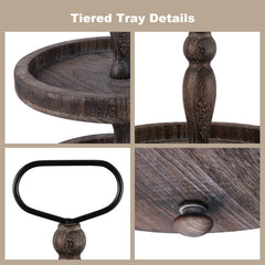 Mustry Rustic Wooden 2 Tiered Tray, Round Farmhouse Kitchen Table Decor Serving Tier Tray, Food Fruits Cupcake Display Coffee Bar Home Party Seasonal Decorations (Brown) image 3