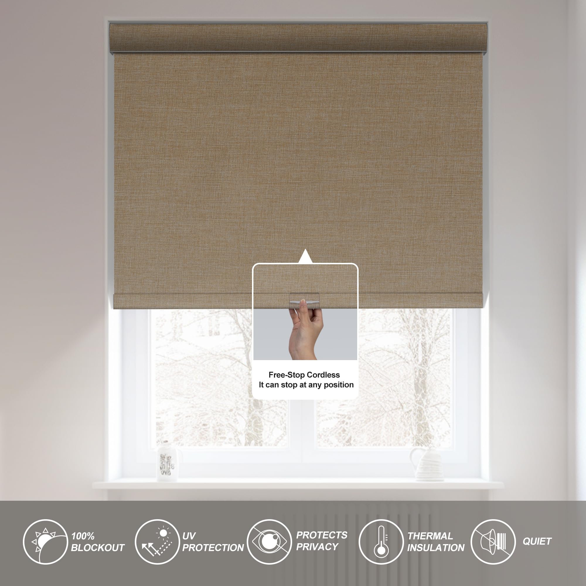 Boolegon Blackout Roller Shades for Windows,Cordless,Linen Fabric,Roller Blinds,Thermal Insulated Fabric UV Protection,Window Shades for Home,Office,Bedroom,Door,Blackout-Beige,Custom Size image 2