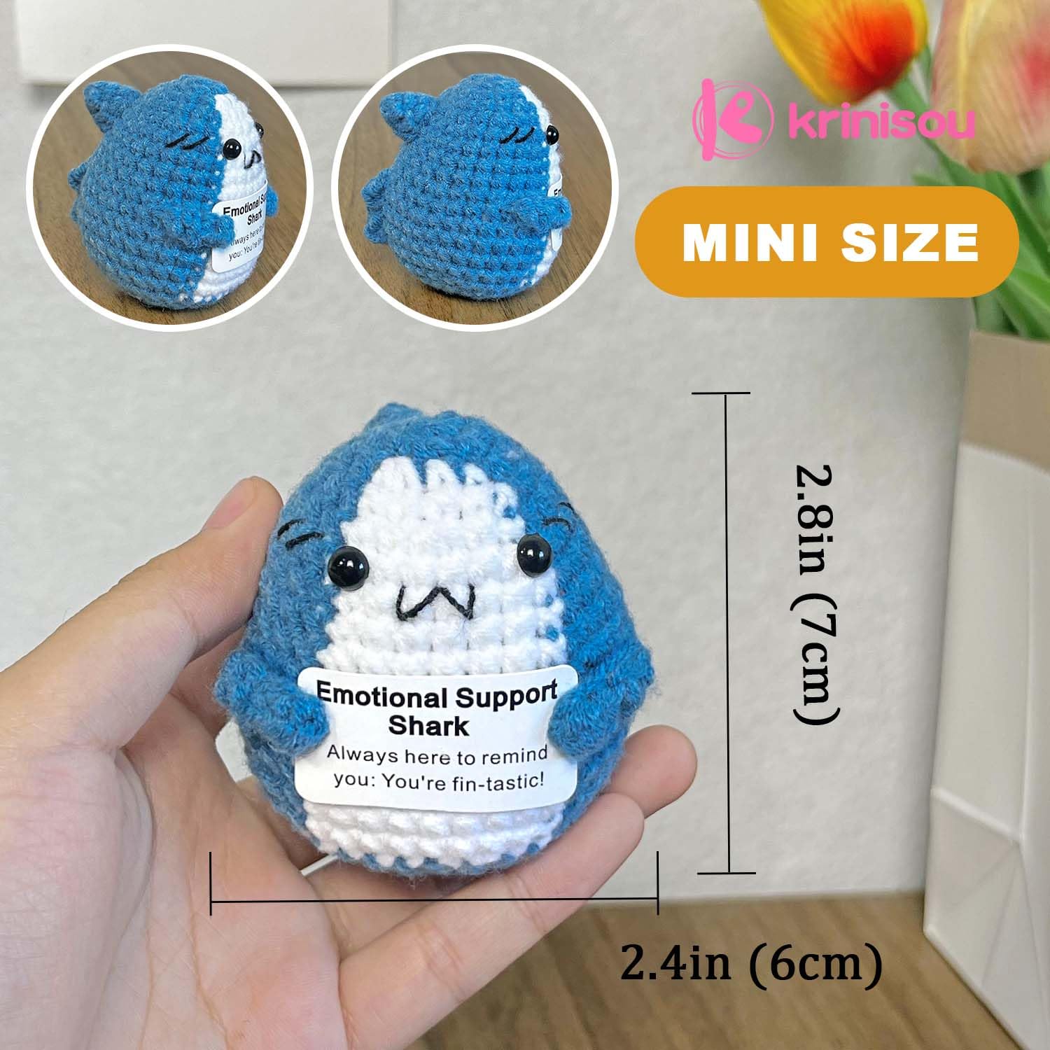 Krinisou Positive Crochet Shark Gifts, Crocheted Emotional Support Animal, Unique Birthday Gift for Shark Lovers Friends Women Men 1Pc image 4