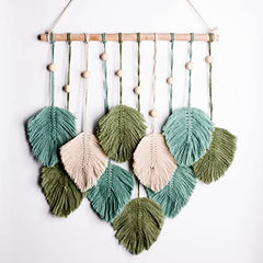 SnugLife Macrame Wall Hanging Leaves - Large Chic Feather Boho Decor, Handmade Yarn Woven Art Leaf Tapestry for Nursery, Bedroom, Living Room, 17 X 22 Inch (Green, Sage Green &amp; Beige) image 0