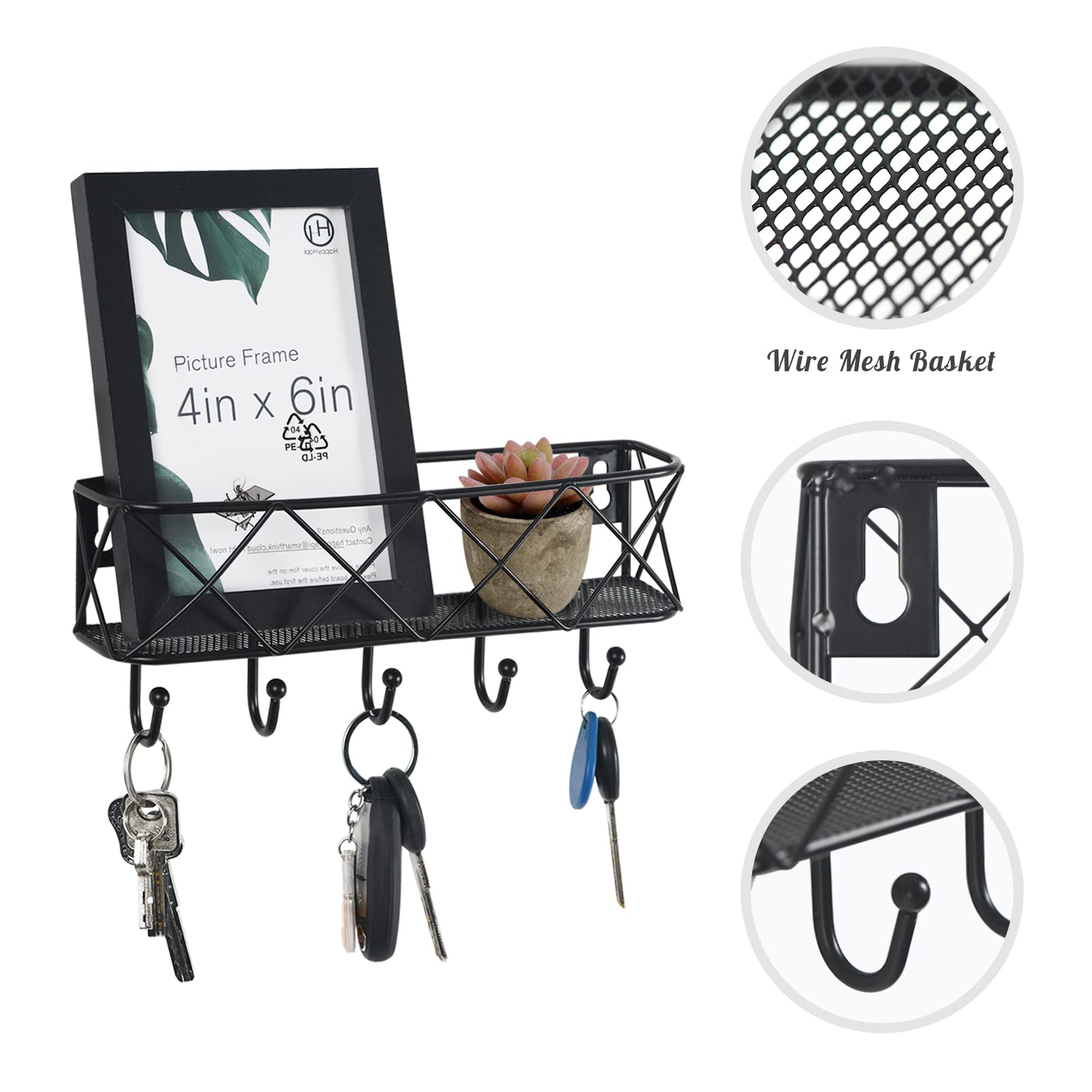 HappyHapi Key Holder for Wall Decorative, Entryway Key Hooks, Wall Mounted Key Rack with 5 Hooks, Metal Wire Mesh Basket Mail Holder, 9.8”Lx2.1”Wx4.1”H image 5