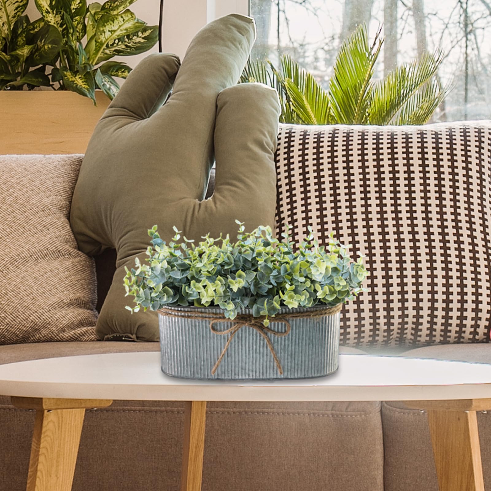 Winlyn Artificial Eucalyptus Arrangement in Rustic Oval Galvanized Metal Planter Box Faux Eucalyptus Bush Greenery Potted Plants for Farmhouse Indoor Home Office Table Centerpiece Kitchen Décor image 4