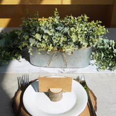 Winlyn Artificial Eucalyptus Arrangement in Rustic Oval Galvanized Metal Planter Box Faux Eucalyptus Bush Greenery Potted Plants for Farmhouse Indoor Home Office Table Centerpiece Kitchen Décor image 2