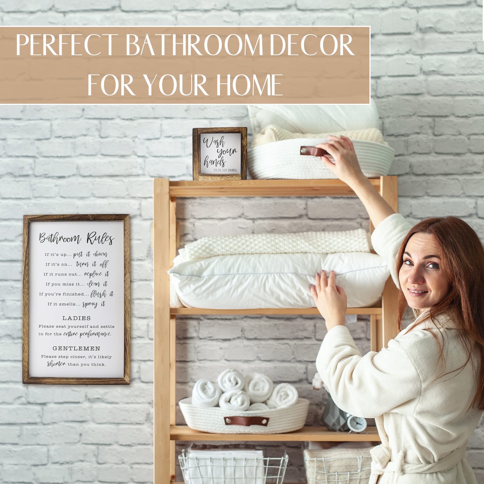 KIBAGA Farmhouse Bathroom Decor Set of 2 - Funny Interchangeable Wall Signs That Will Bring a Good Laugh To Your Bathroom - Rustic Wooden Picture Frames with Unique Sayings Are Perfect For Your Home image 7