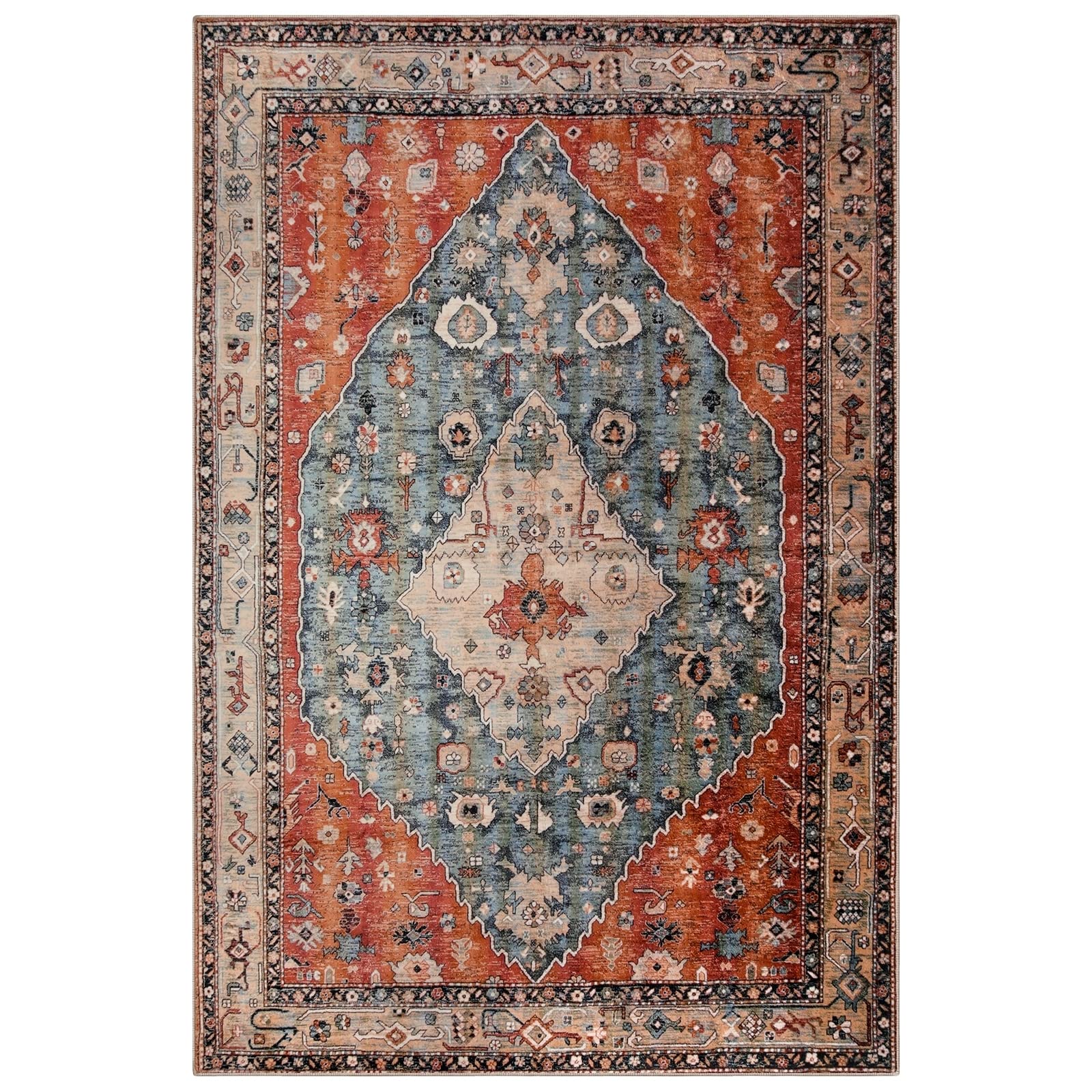 Lahome Boho Tribal Area Rug - 5x7 Large Washable Living Bedroom Rug Distressed Oriental Non-Slip Non-Shedding Print Floor Carpet for Dining Room Home,Rust/Dull Teal image 1