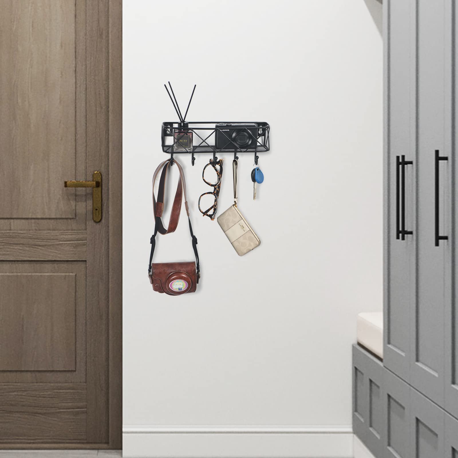 HappyHapi Key Holder for Wall Decorative, Entryway Key Hooks, Wall Mounted Key Rack with 5 Hooks, Metal Wire Mesh Basket Mail Holder, 9.8”Lx2.1”Wx4.1”H image 3