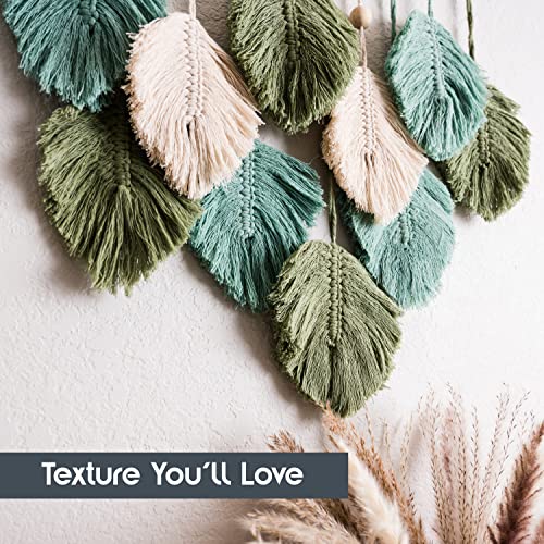 SnugLife Macrame Wall Hanging Leaves - Large Chic Feather Boho Decor, Handmade Yarn Woven Art Leaf Tapestry for Nursery, Bedroom, Living Room, 17 X 22 Inch (Green, Sage Green &amp; Beige) image 4