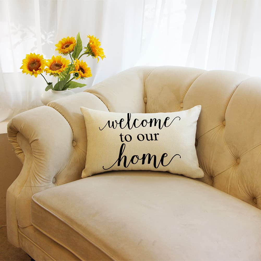 Ogiselestyle Farmhouse Pillow Covers with Welcome to Our Home Quotes 12 x 20 Inch Home Decorative Cushion Case for Sofa Couch Housewarming Gifts Family Room Décor image 4
