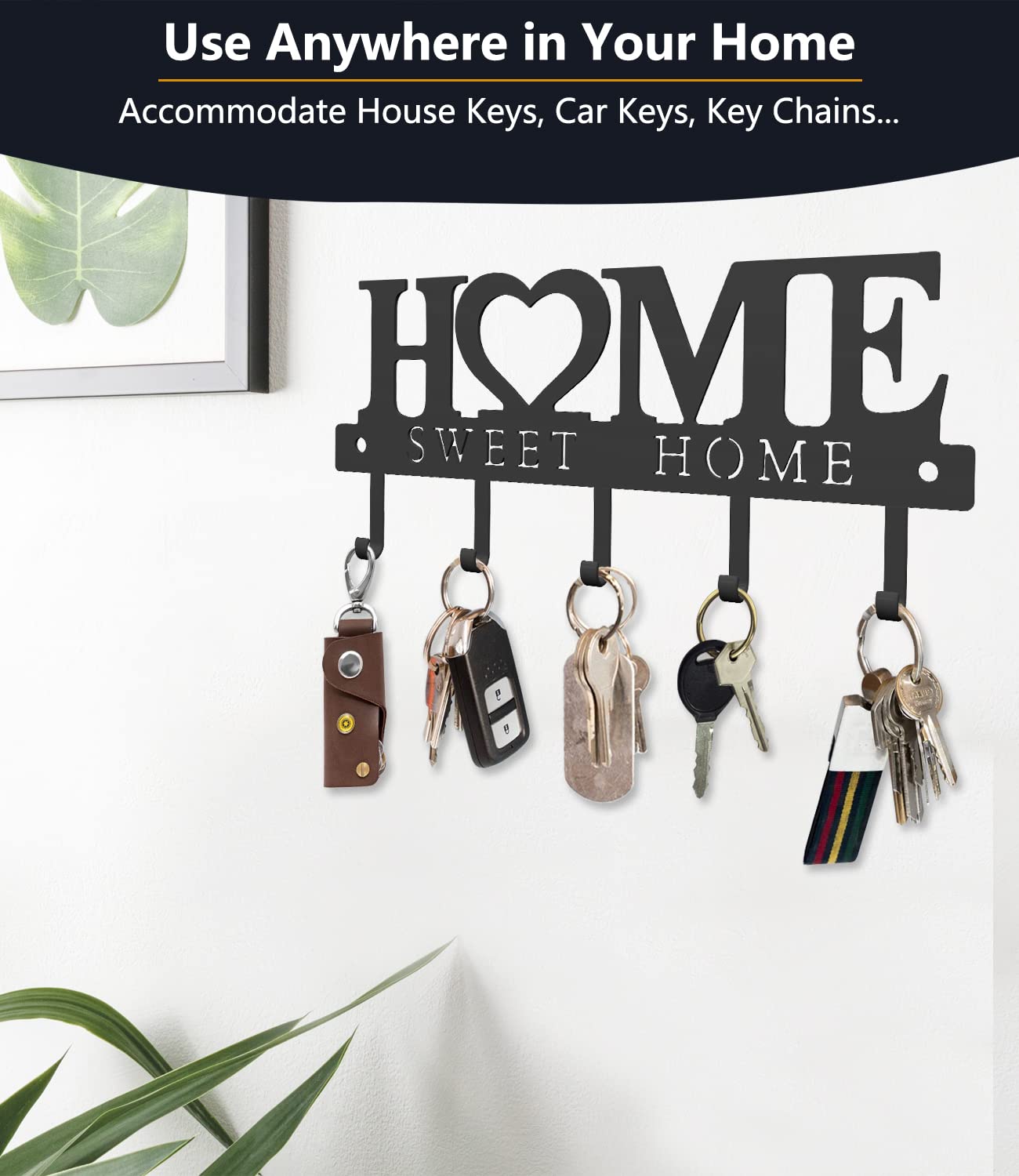 WIPHANY Key Holder Hooks Organizer Hanger Rack Wall Mounted with Screws and Anchors Home Sweet Home Wall Metal Decor for Entryway Front Door Kitchen Hallway Garage Mudroom Office 9.8inches/25cm image 4