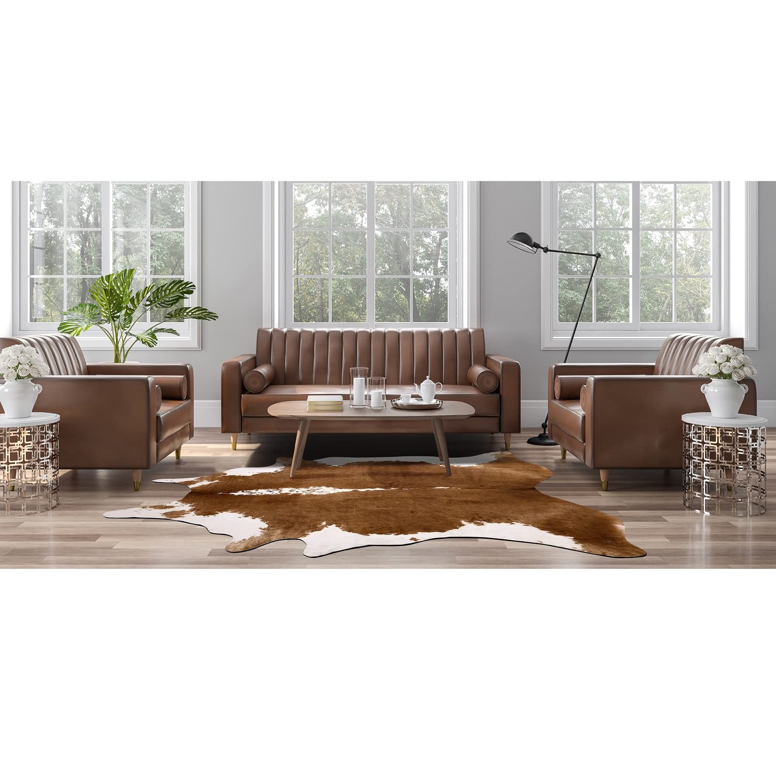 AROGAN Premium Faux Cowhide Rug 4.6 x 5.2 Feet, Sturdy and Large Size Cow Print Rugs, Suitable for Bedroom Living Room Western Decor, Faux Fur Animal Cow Hide Carpet, Brown image 2