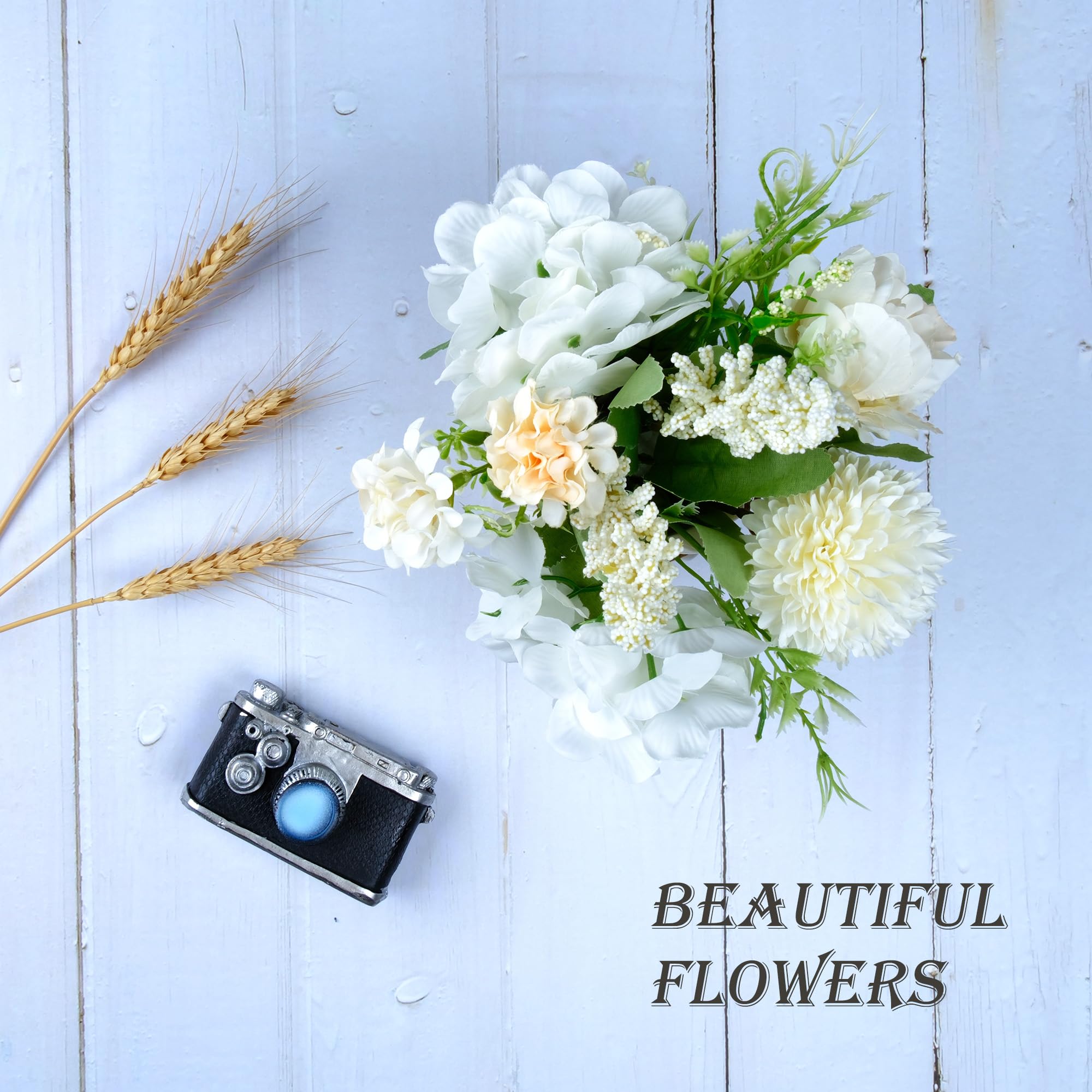 Artificial Potted Flowers White, Small Ceramic Vase Fake Flower Plants Desktop Decoration Indoor for Home and Office, Faux Flowers Hydrangea Decora for Table,Bookshelf,Bedroom,Living Room.(White) image 4