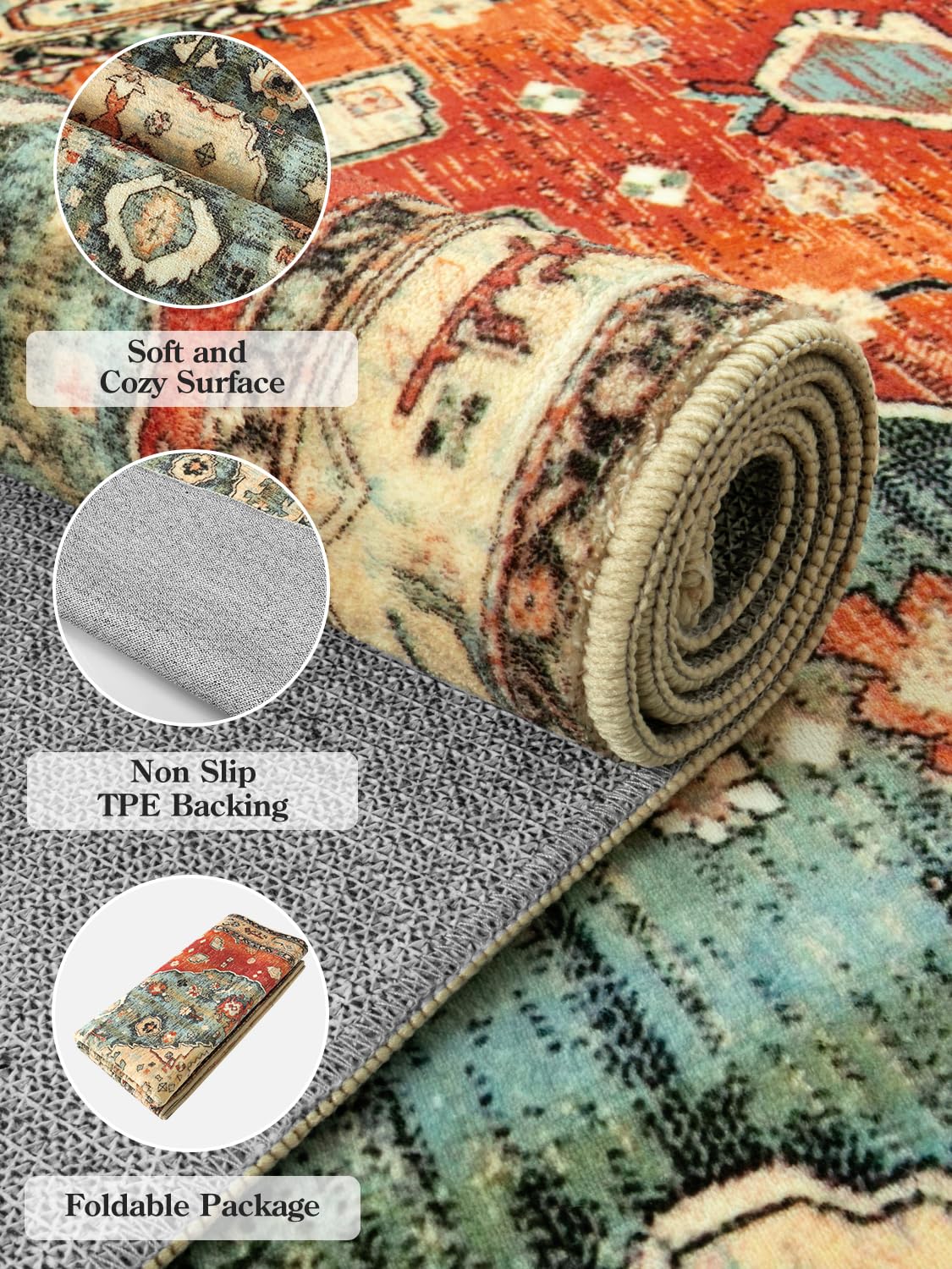 Lahome Boho Tribal Area Rug - 5x7 Large Washable Living Bedroom Rug Distressed Oriental Non-Slip Non-Shedding Print Floor Carpet for Dining Room Home,Rust/Dull Teal image 5