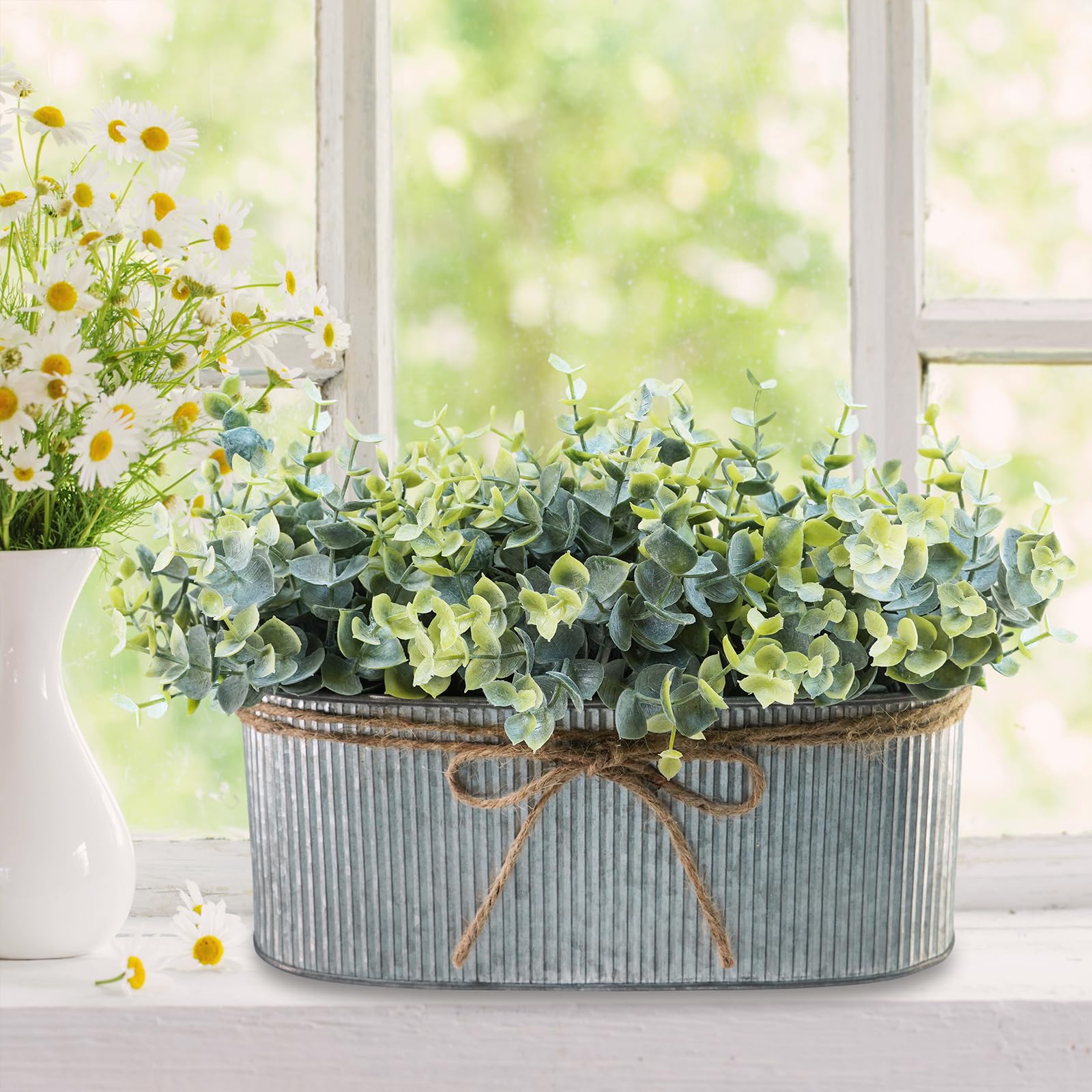Winlyn Artificial Eucalyptus Arrangement in Rustic Oval Galvanized Metal Planter Box Faux Eucalyptus Bush Greenery Potted Plants for Farmhouse Indoor Home Office Table Centerpiece Kitchen Décor image 6